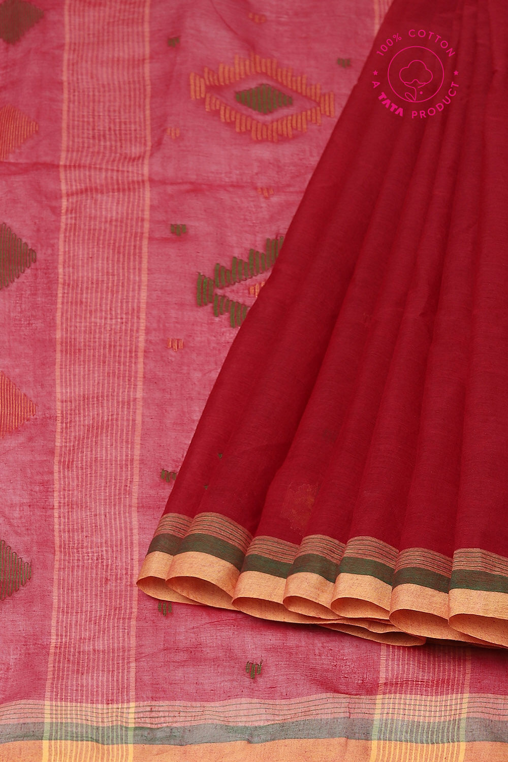 Dark Pure Red Cotton Bengal Saree image number null