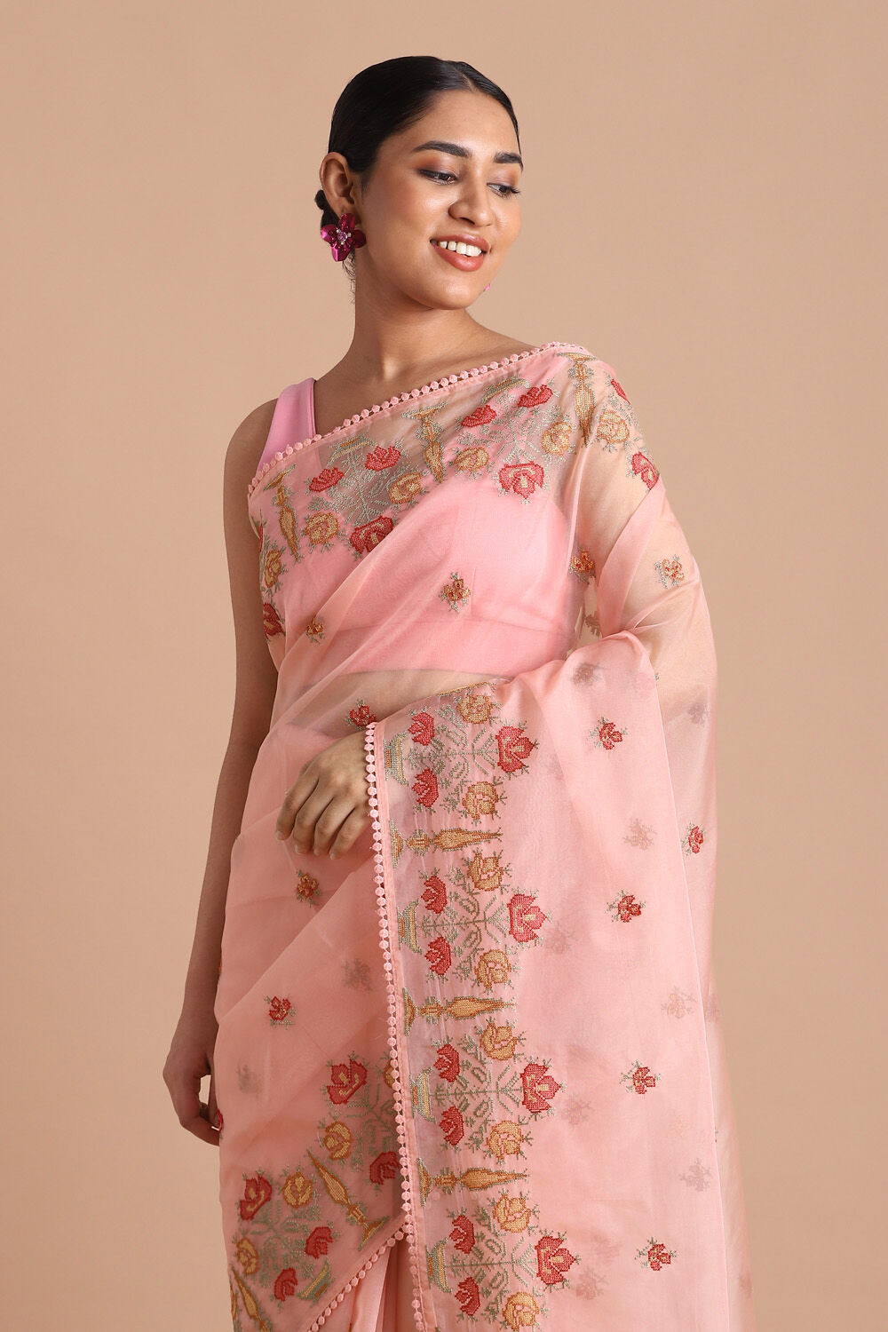 Light Pure Pink Embroidered Saree image number null
