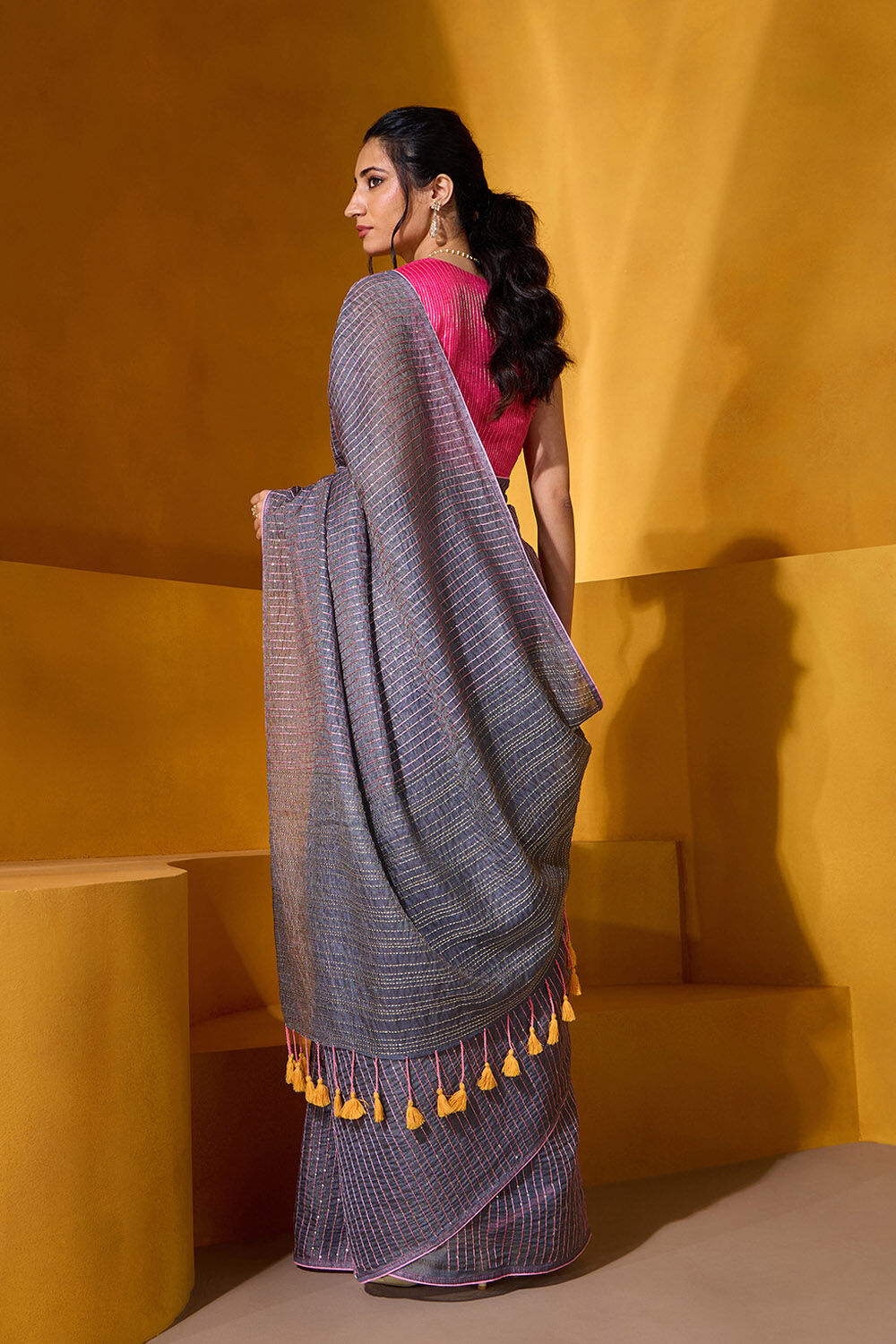 Grey Tissue Linen Embroidered Saree image number null