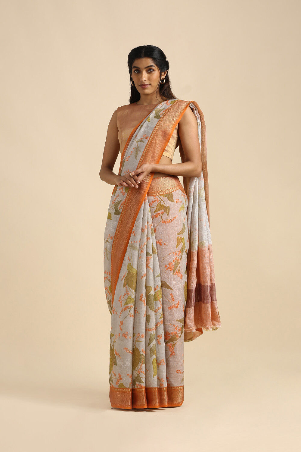 Grey Pure Linen Digital Printed Saree image number null