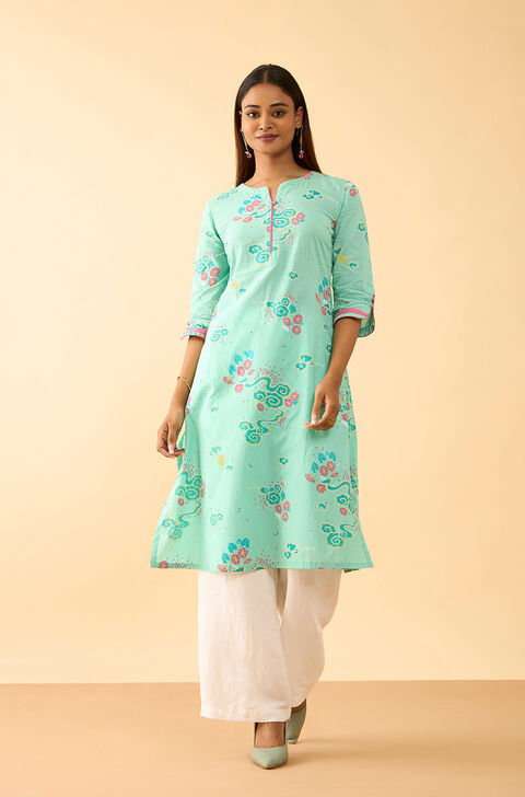 Light Blue Screen Printed Pure Cotton Kurta