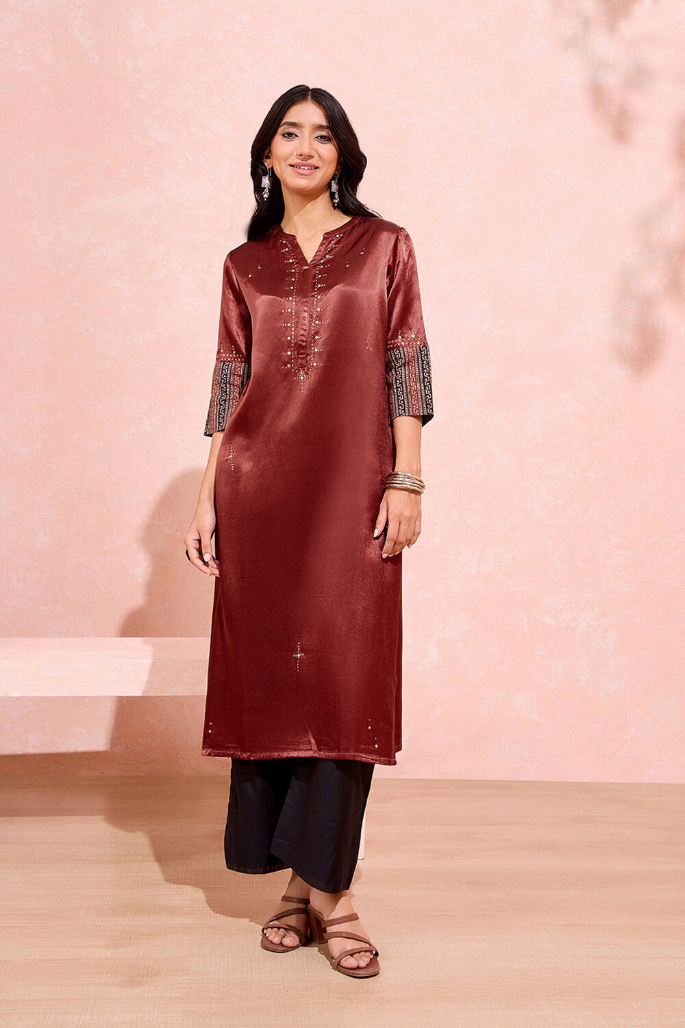 Dark Red Viscose Cotton Embroidered Kurta image number null