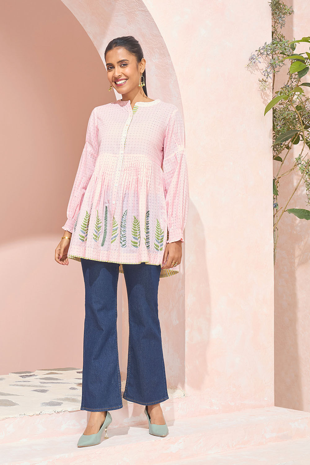 Light Pink Block Printed Pure Cotton Short Top image number null