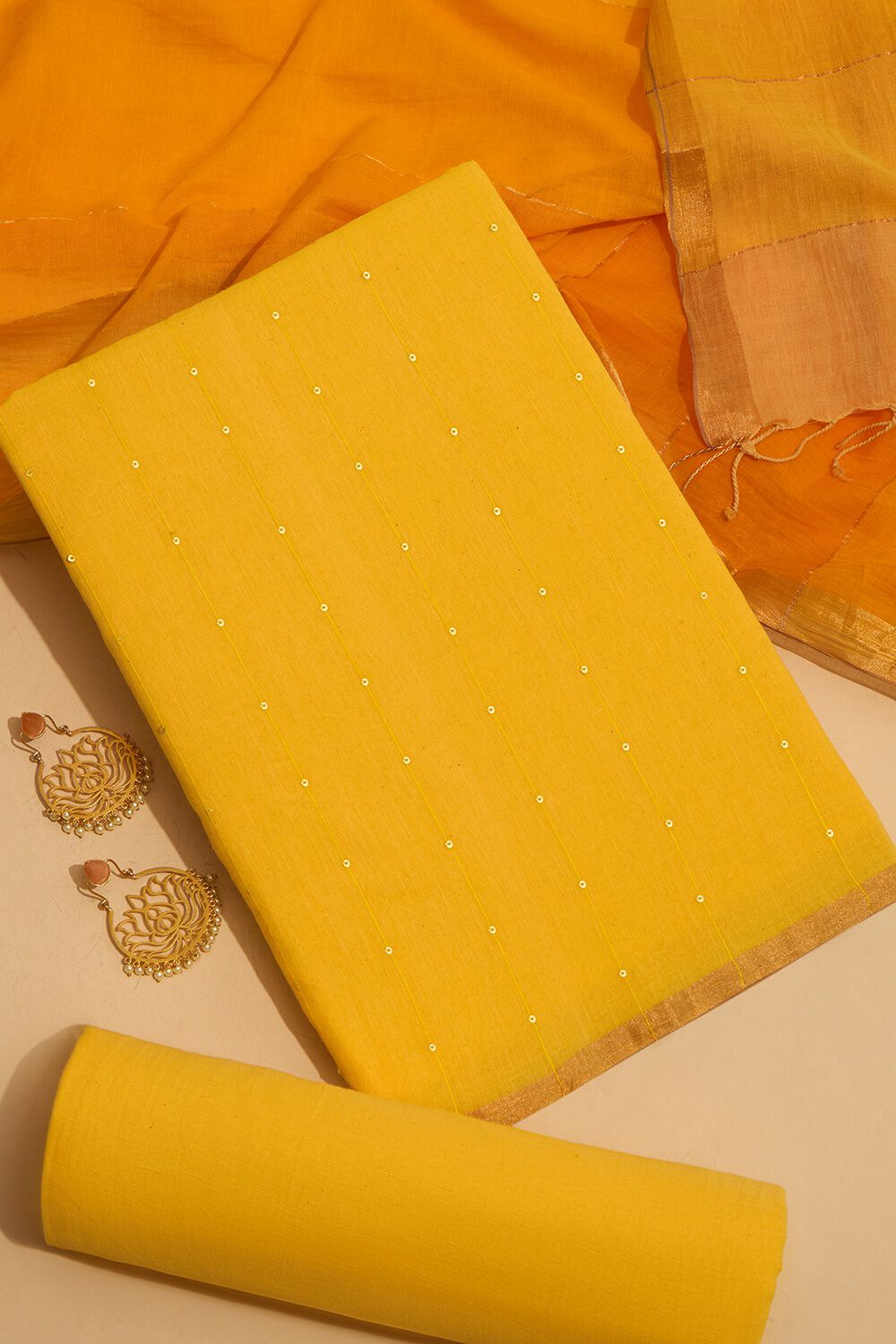 Light Yellow Woven Pure Cotton Unstitched Suit Set image number null