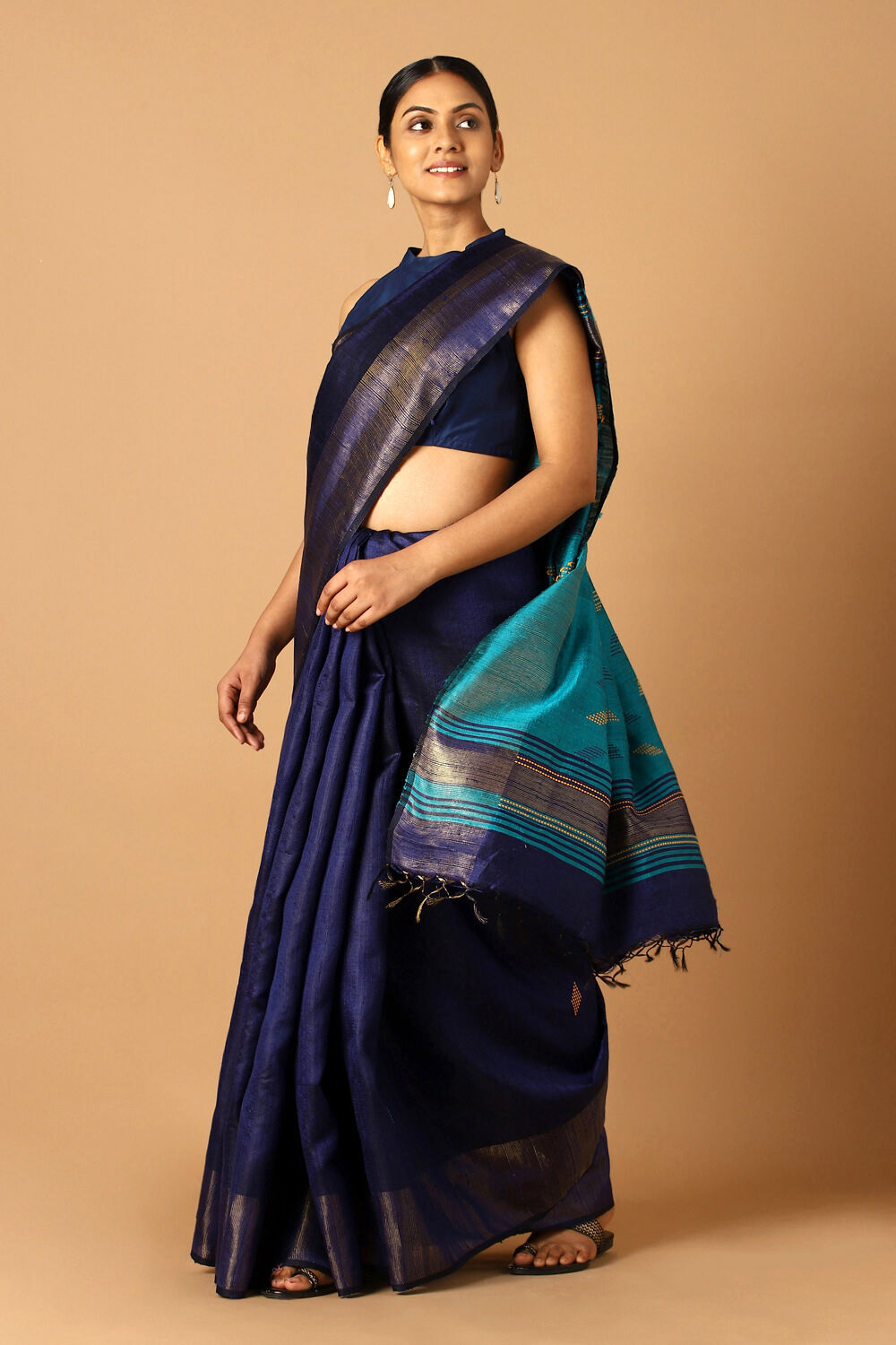 Dark Blue Pure Tussar Silk Bhagalpuri Saree image number null