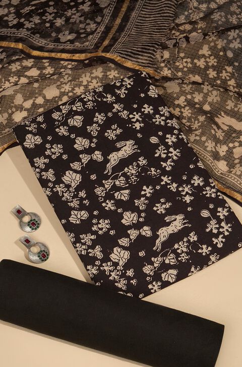 Black Bagru Block Printed Pure Cotton Unstitched Suit Set