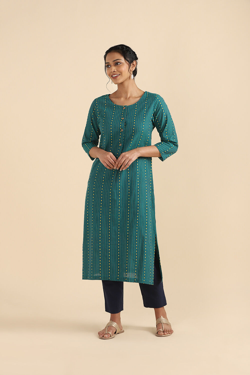 Dark Green Cotton Woven Kurta image number null