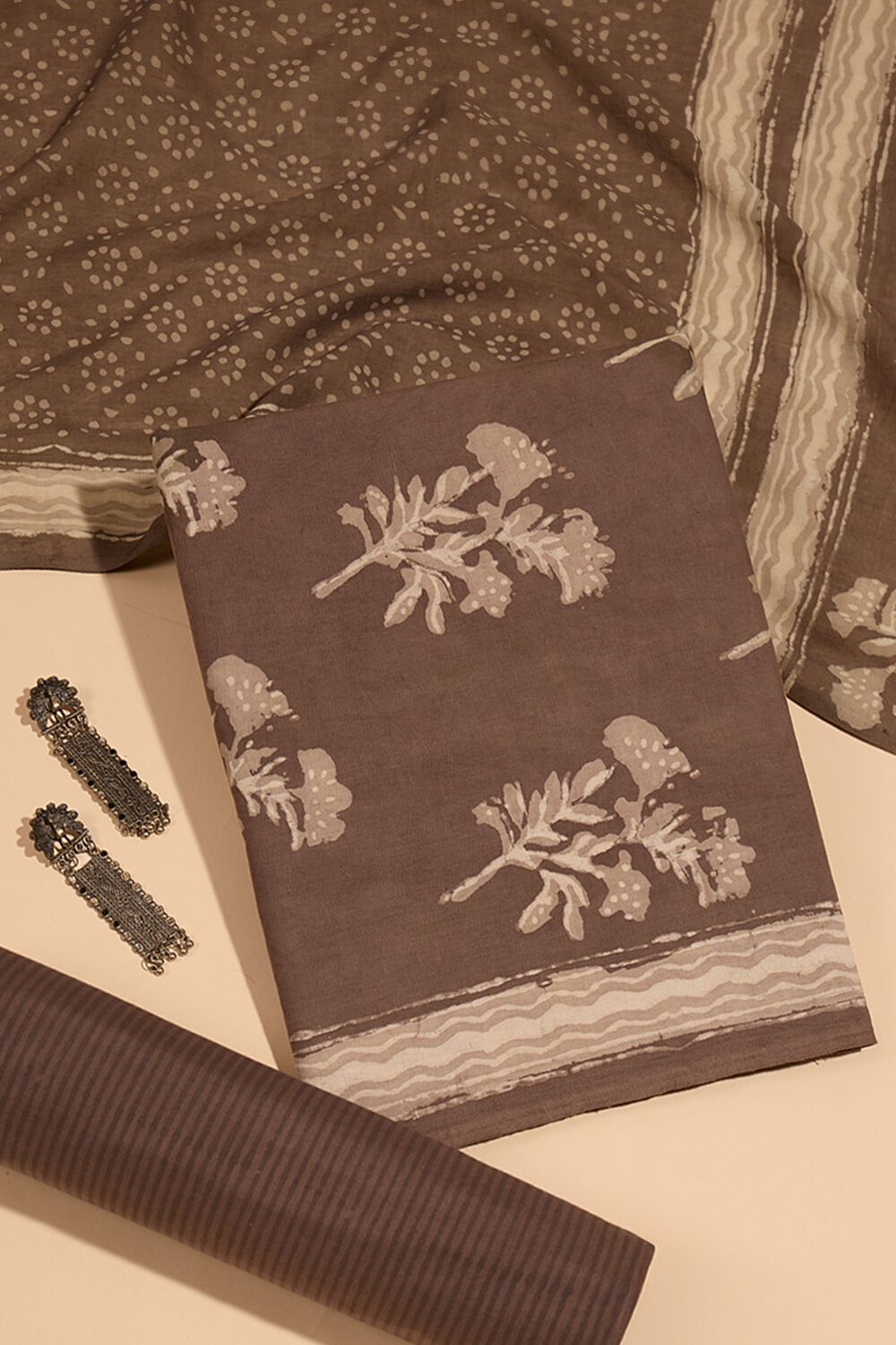 Grey Pure Cotton Dabu Block Printed Unstitched Suit Set image number null