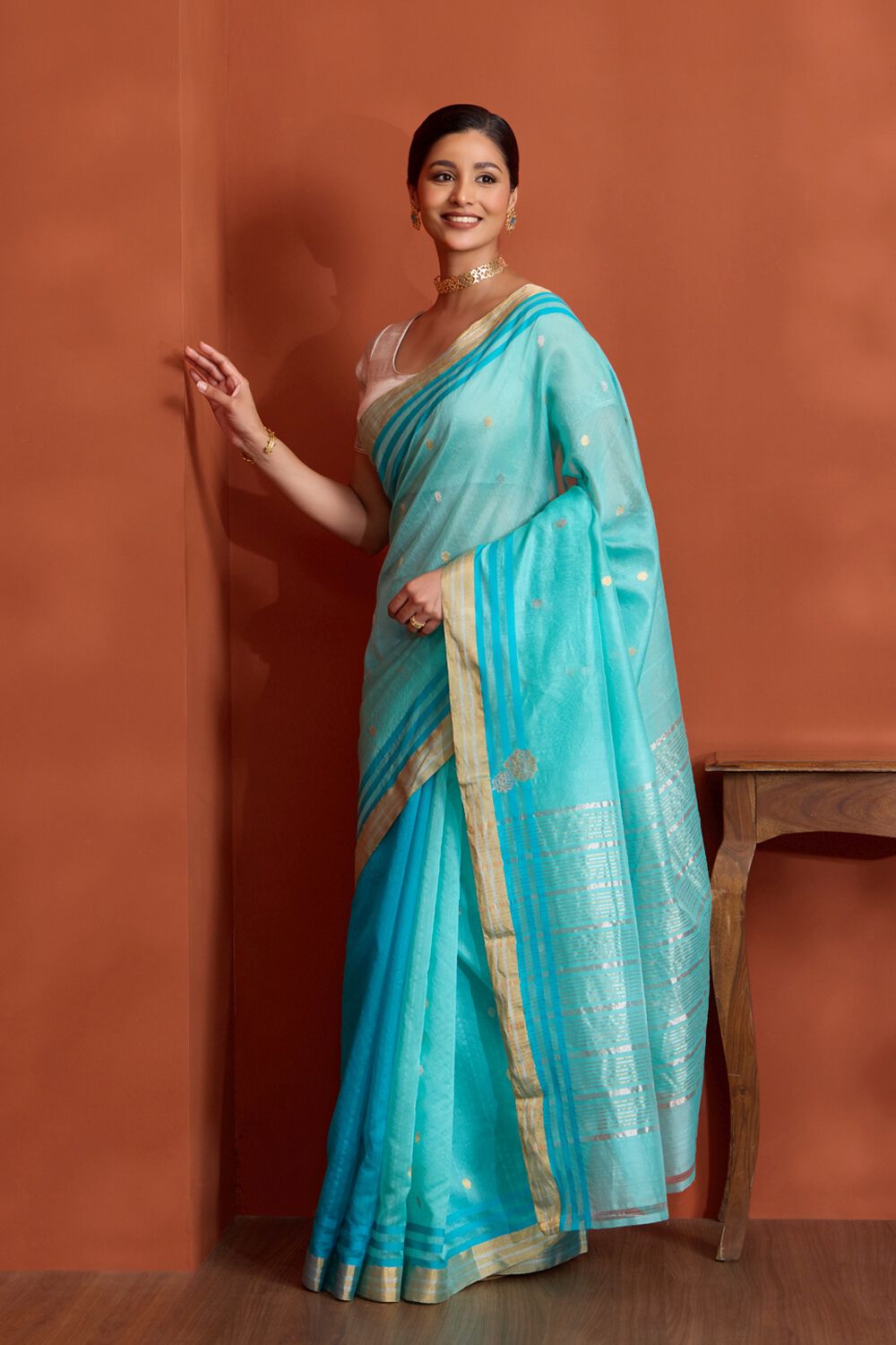 Light Blue Woven Pure Silk Cotton Chanderi Saree image number null