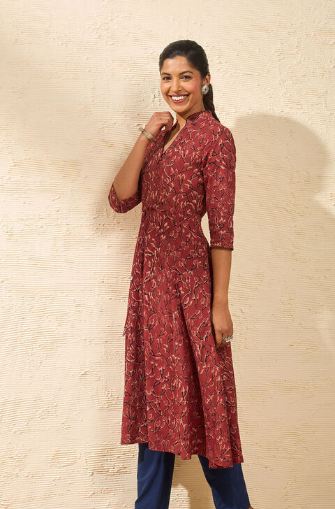 Red Block Printed Kalamkari Pure Cotton Kurta