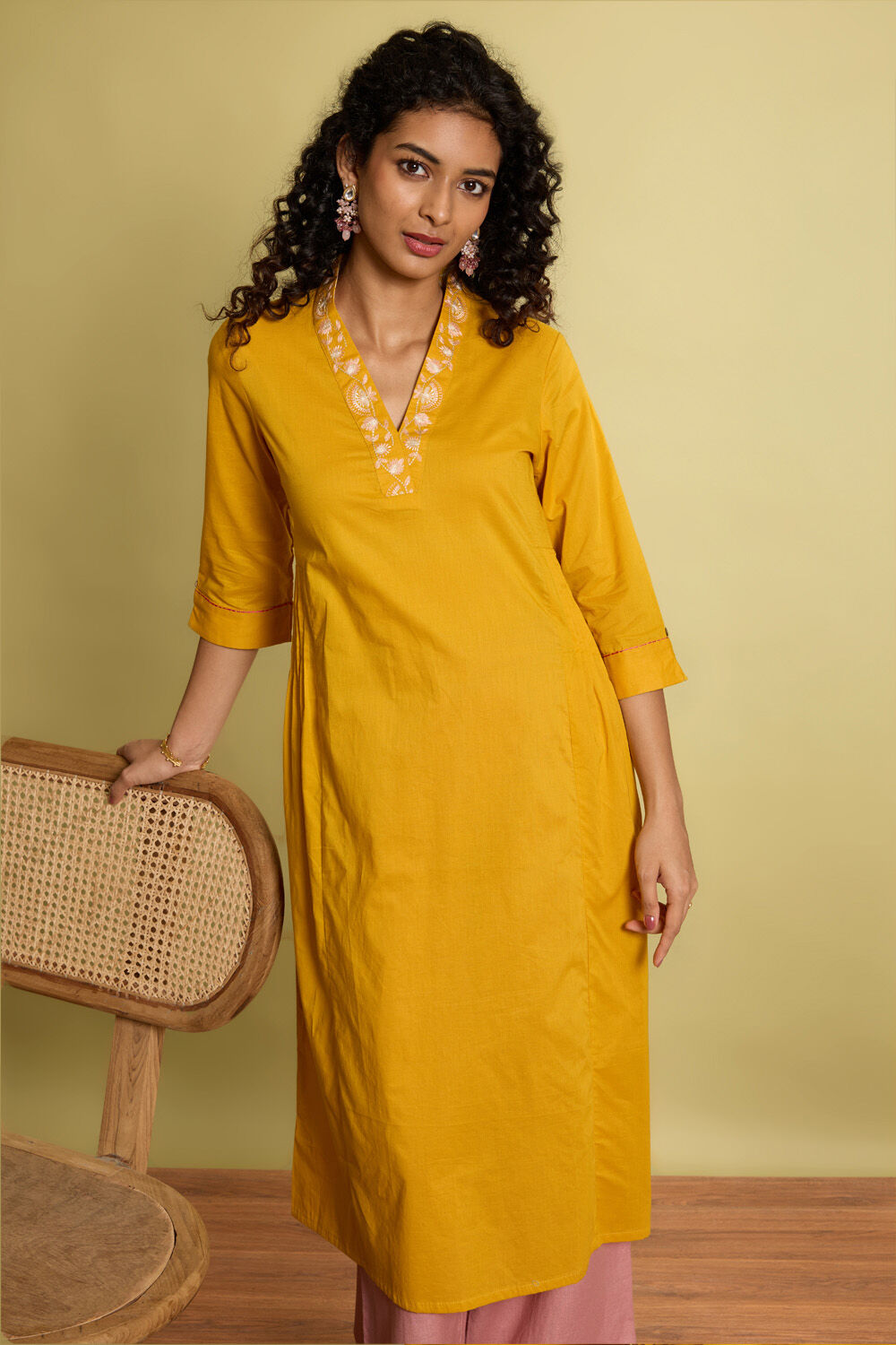 Yellow Embroidered Pure Cotton Kurta image number null