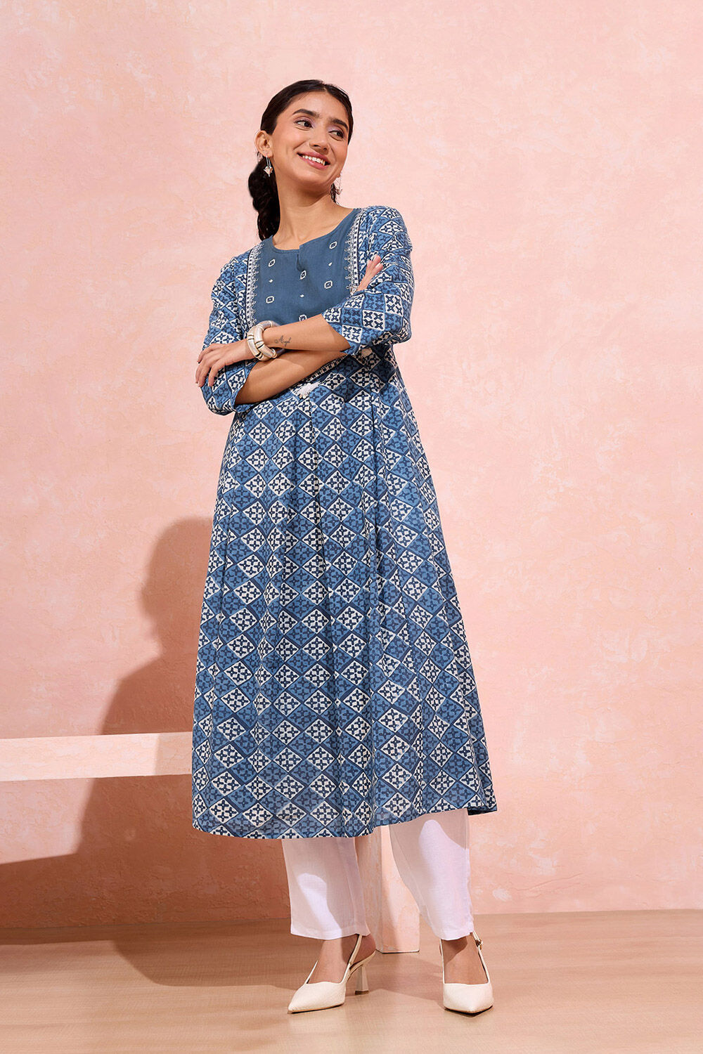 Dark Blue Pure Cotton Printed Embroidery Kurta image number null