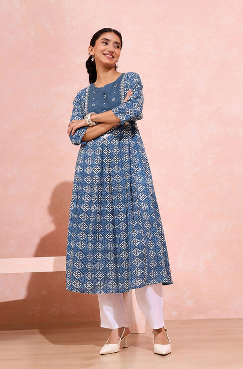 Dark Blue Pure Cotton Printed Embroidery Kurta