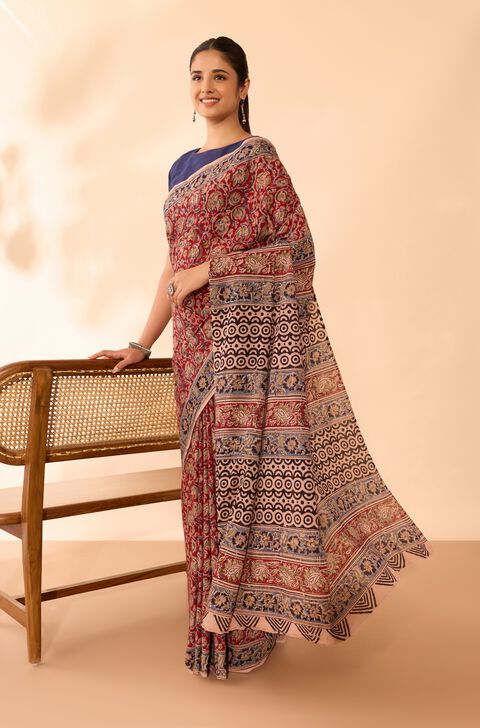 Light Red Printed Kalamkari Machilipatnam Pure Cotton Saree