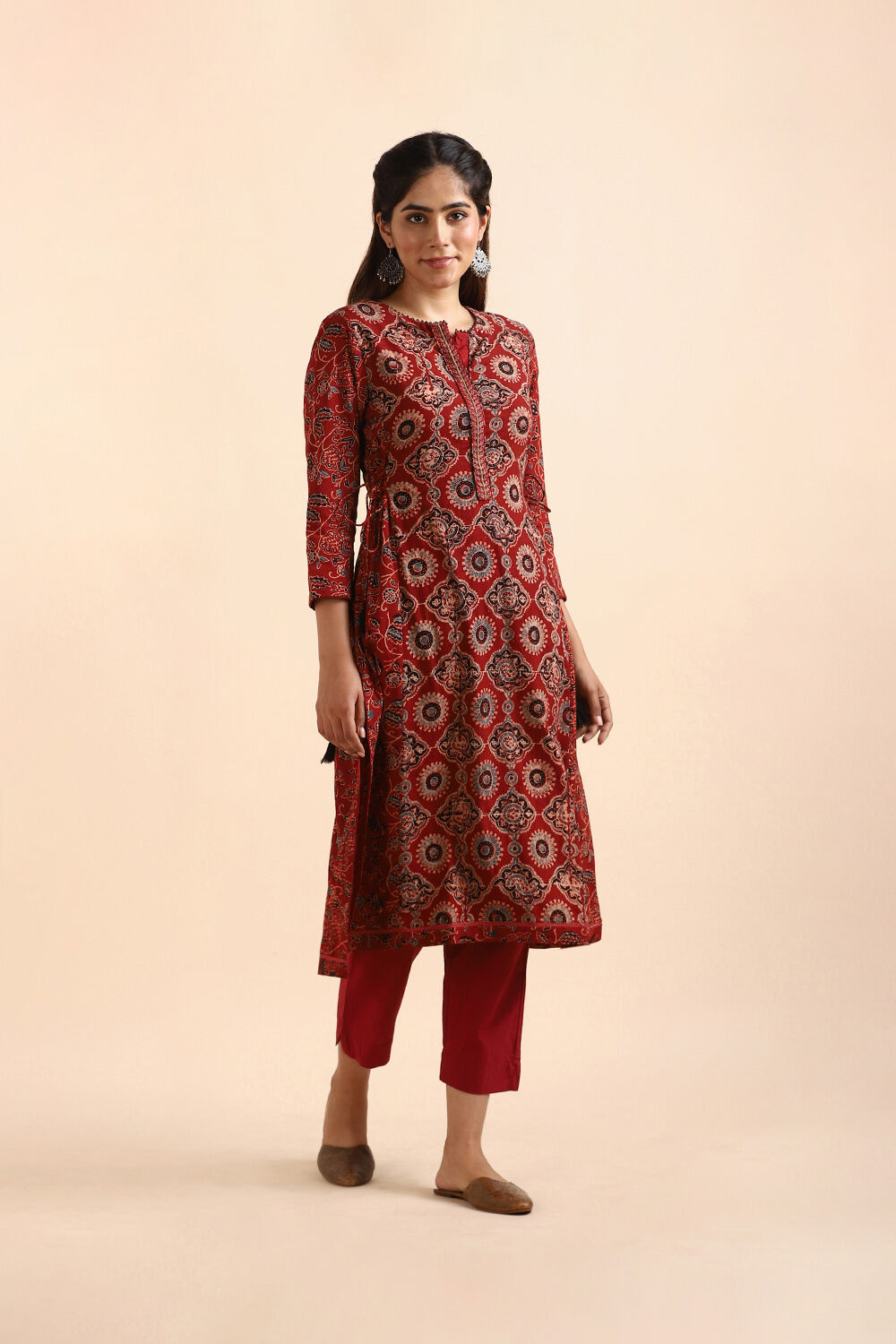 Dark Red Ajrakh Block Printed Cotton Kurta image number null