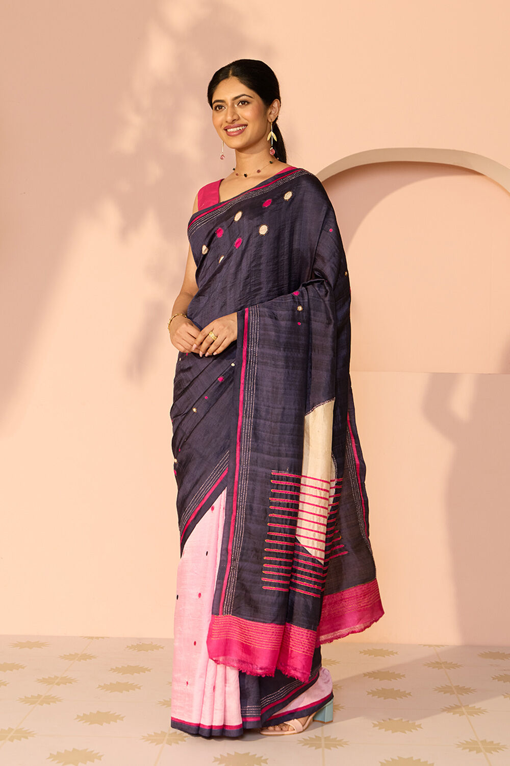 Dark Blue Bengal Pure Silk Hand Painted Saree image number null