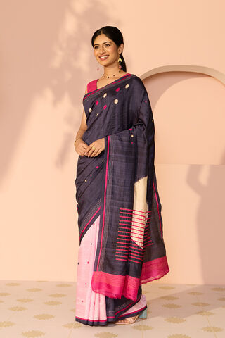 Dark Blue Bengal Pure Silk Hand Painted Saree thumbnail image number null
