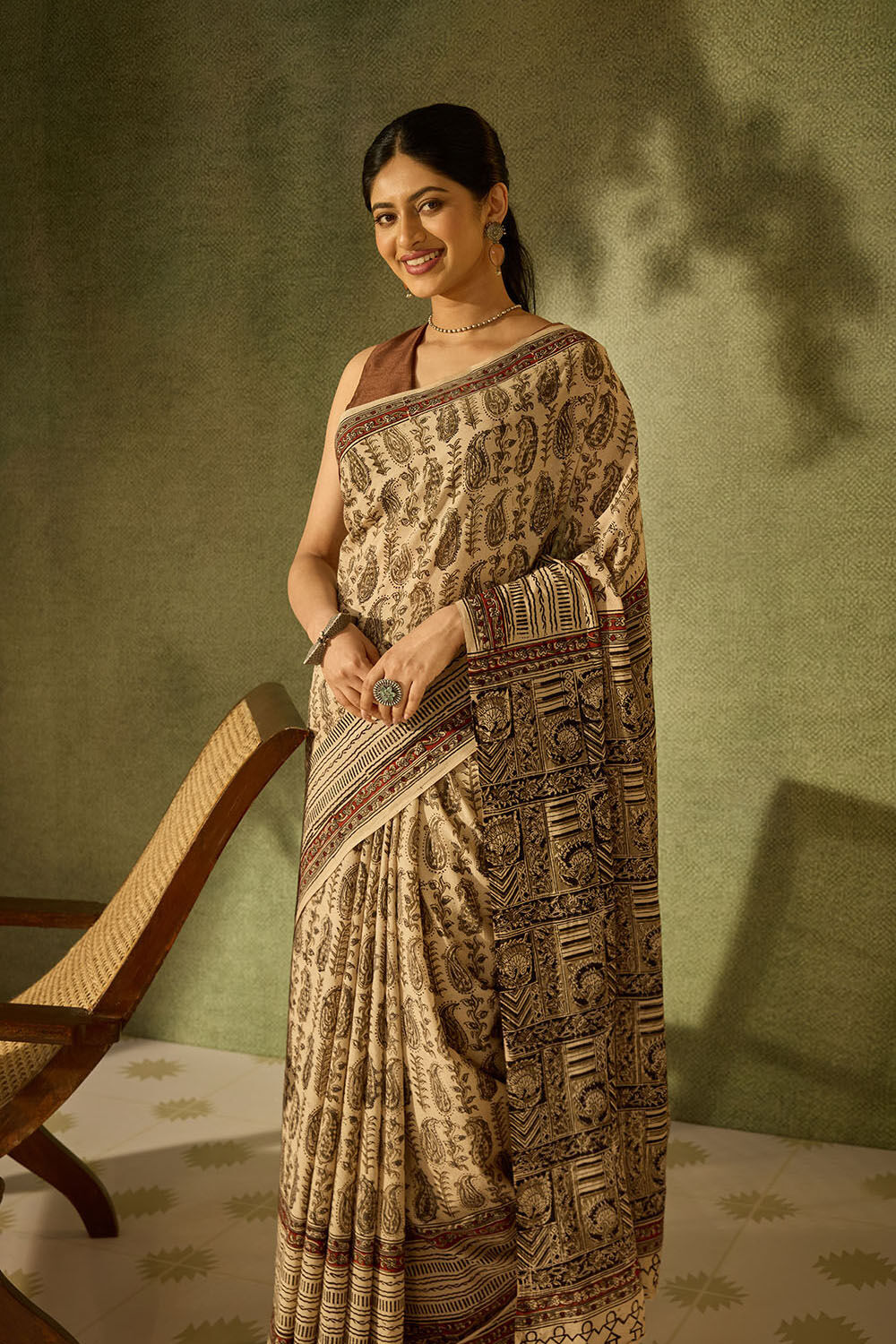 Beige Printed Kalamkari Machilipatnam Pure Cotton Saree image number null