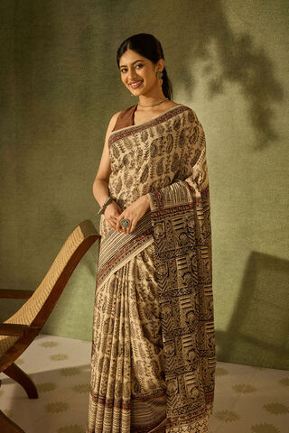 Beige Printed Kalamkari Machilipatnam Pure Cotton Saree thumbnail image number null
