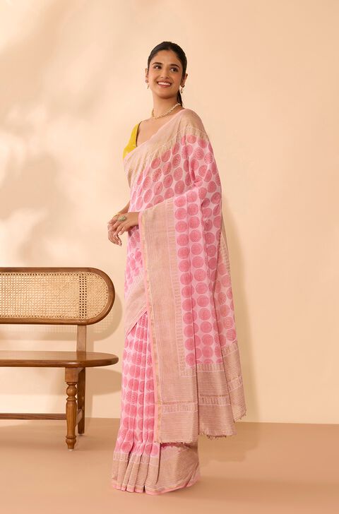 Pink Rajasthan Pure Silk Cotton Sanganeri Saree