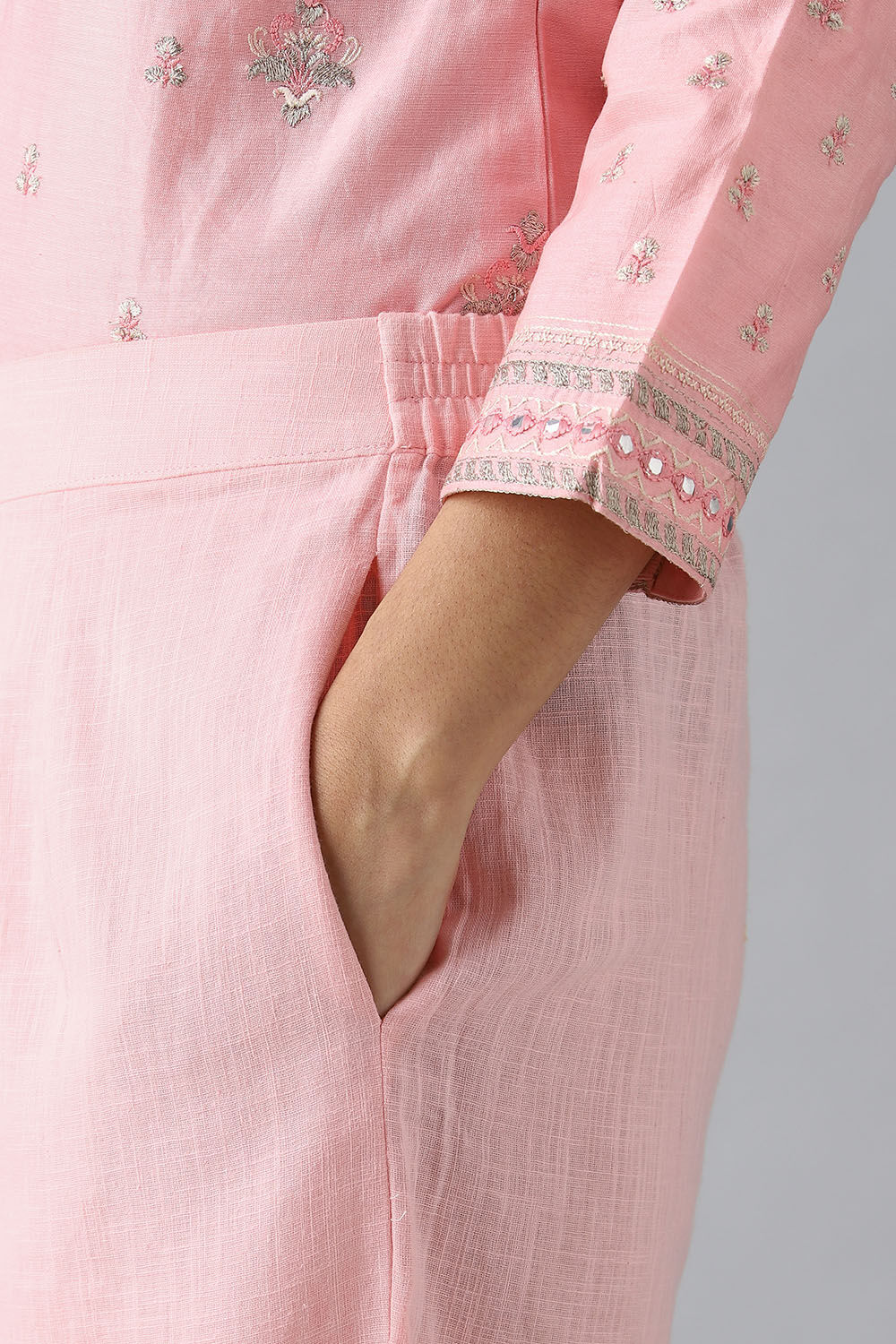 Light Pink Embroidered Silk Cotton Kurta Set image number null