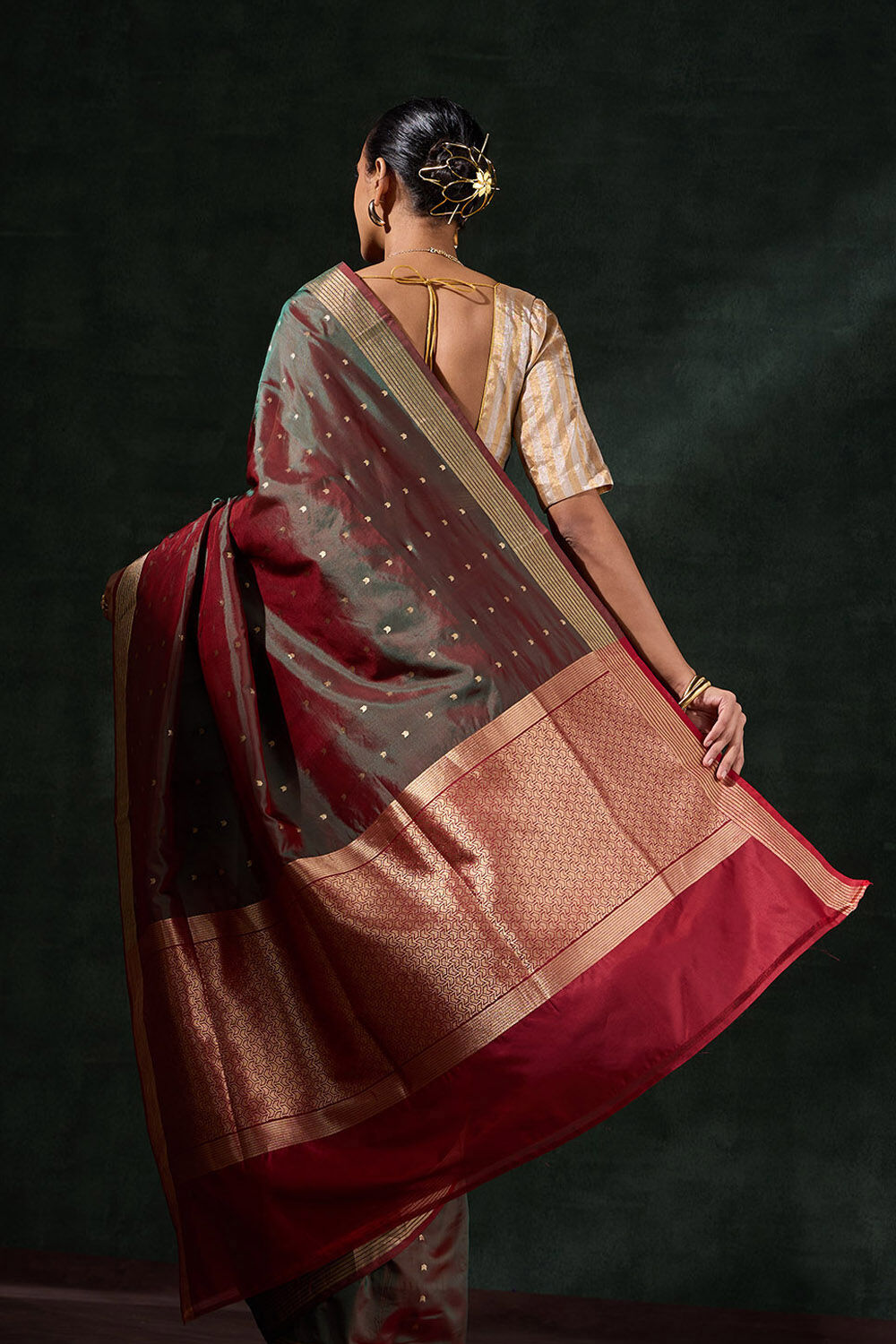 Dark Green Silk Viscose Cutwork Saree image number null
