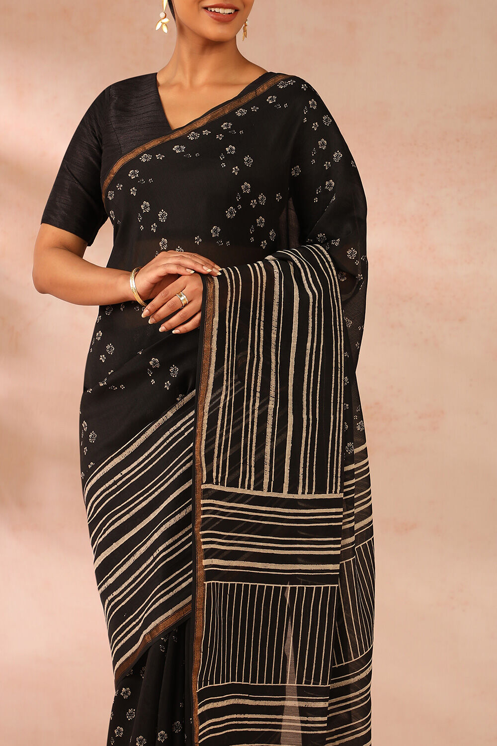 Black Block Printed Pure Silk Cotton Chanderi Saree image number null