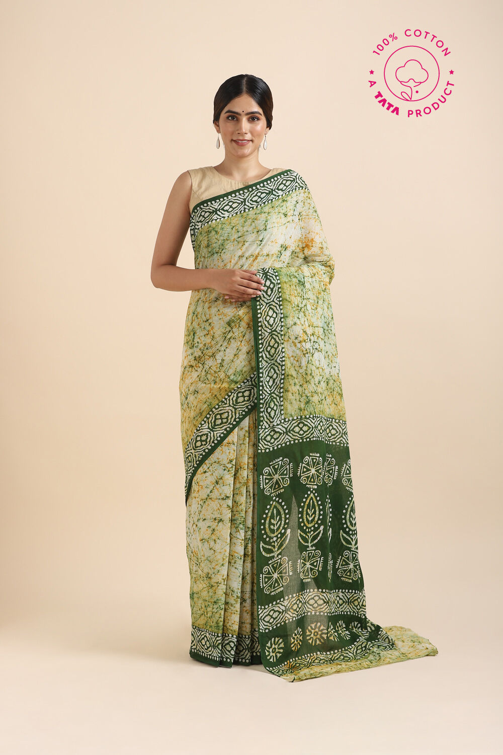 Dark Pure Green Cotton Batik Saree image number null