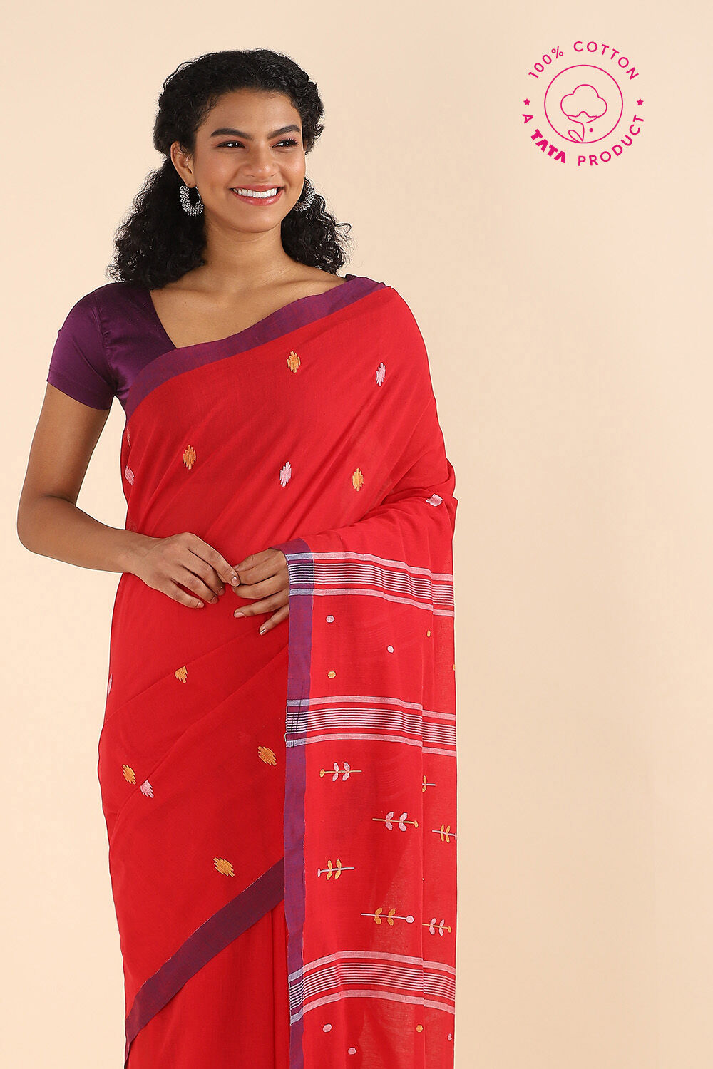 Dark Red Pure Cotton Jamdani Saree image number null