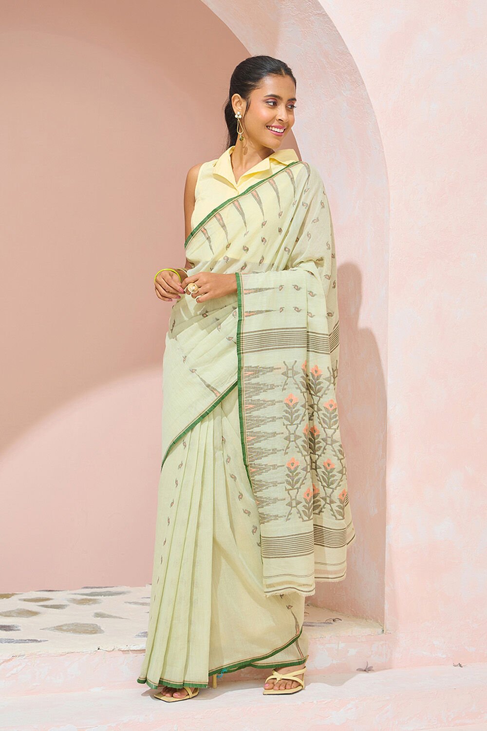 Light Green Cutwork Pure Cotton Bengal Saree image number null