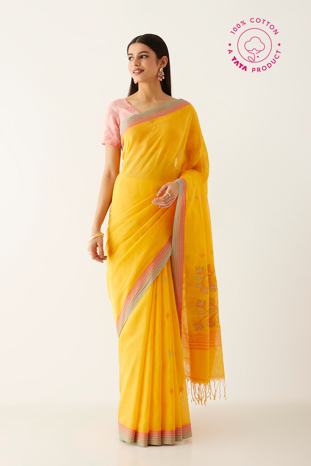 Yellow Pure Cotton Bengal Saree image number null
