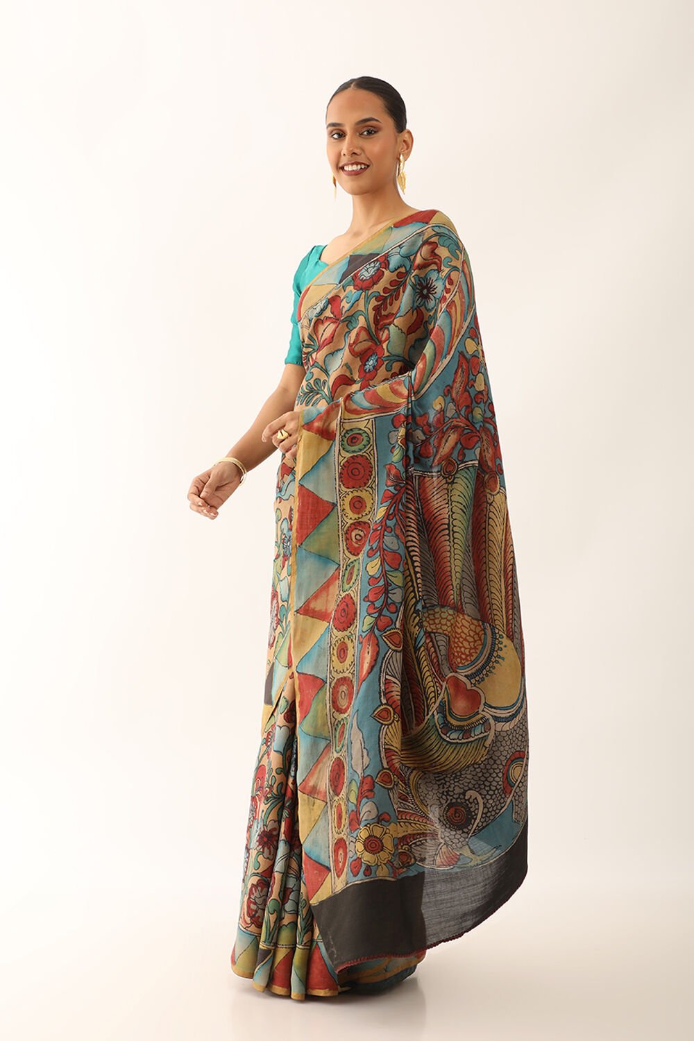 Yellow Srikalahasti Pure Silk Kalamkari Saree image number null