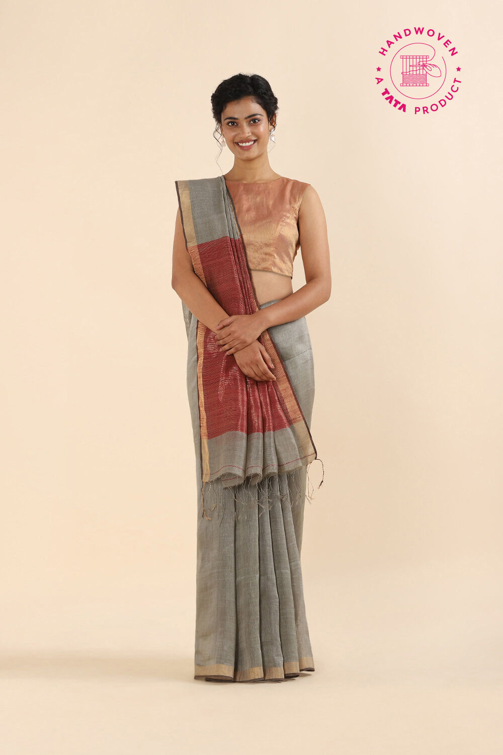 Grey Pure Silk Linen Bengal Saree image number null