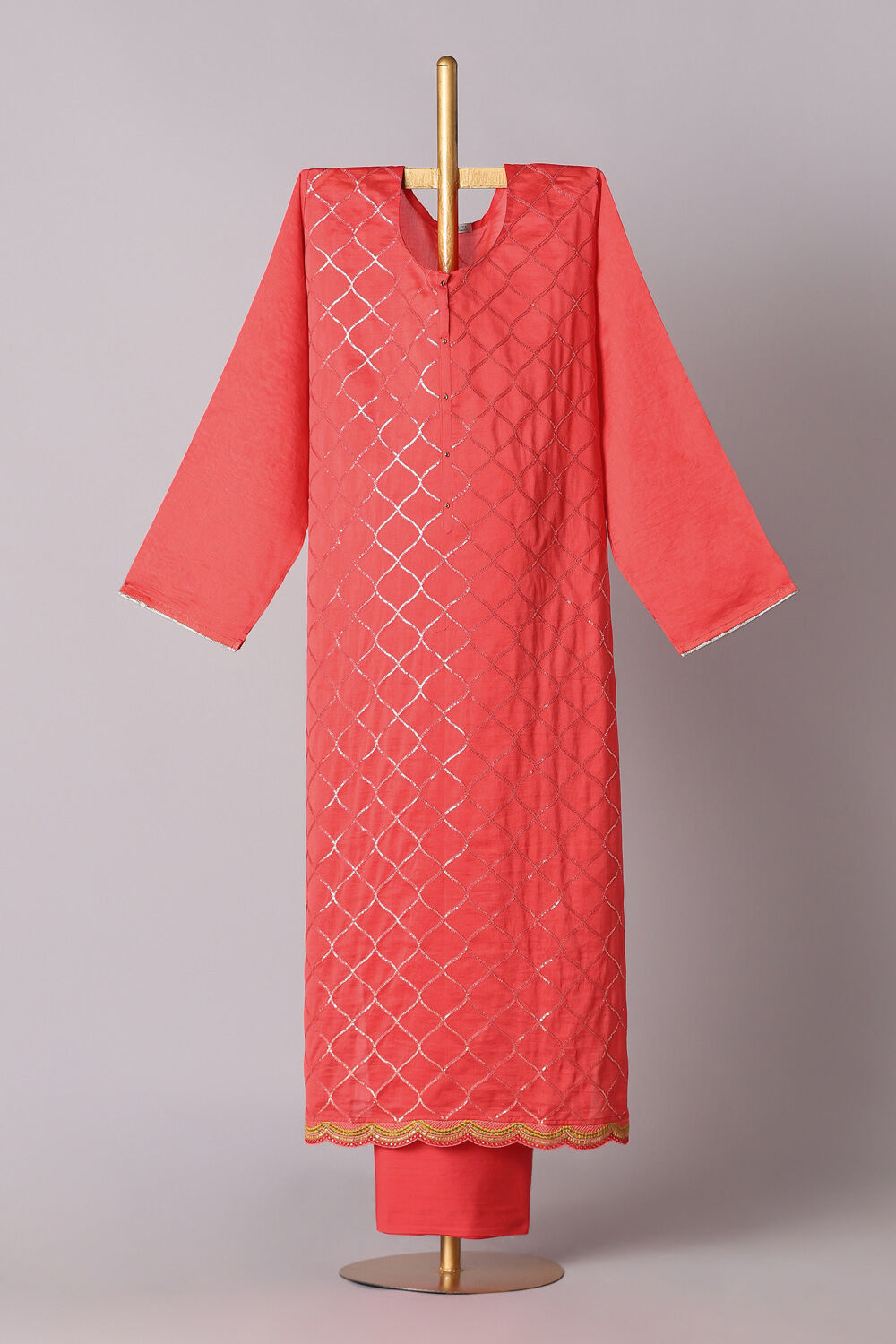 Red Silk Cotton Embroidered Semistitched Suit Set image number null