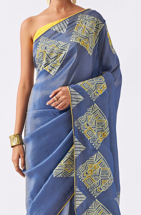 Blue Pure Organza Tissue Printed Saree