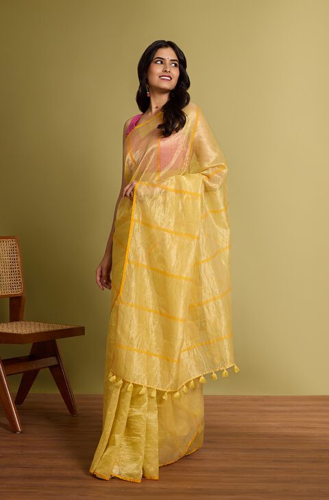 Yellow Pure Silk Cotton Embroidered Saree