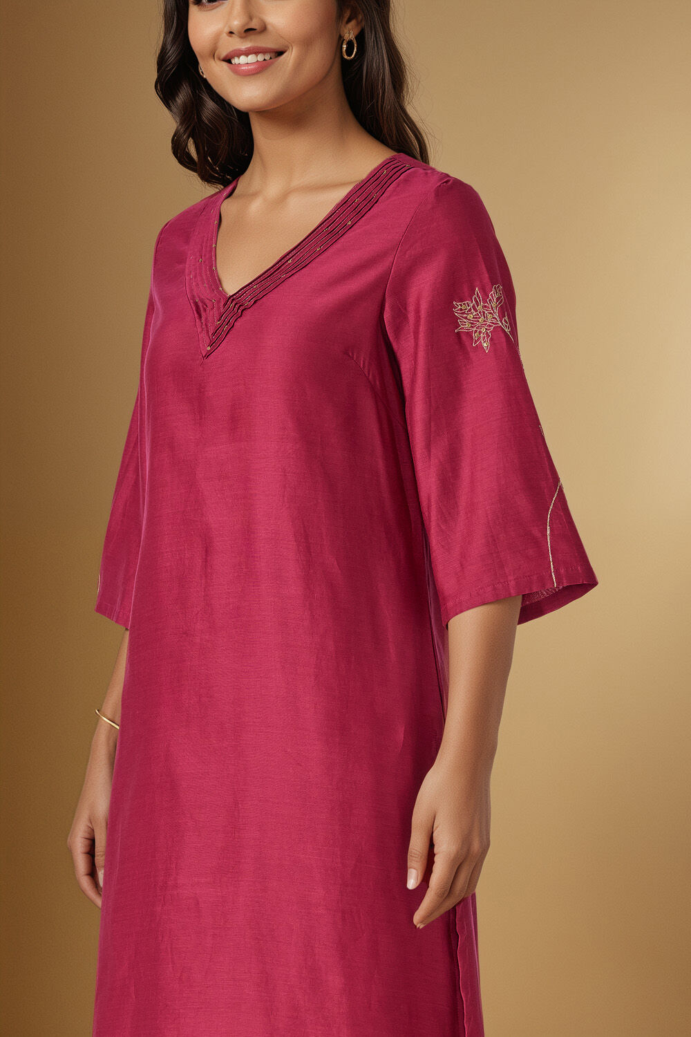 Dark Pink Embroidered Pure Silk Cotton Kurta image number null