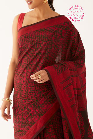 Red Pure Cotton Bagh Printed Saree image number