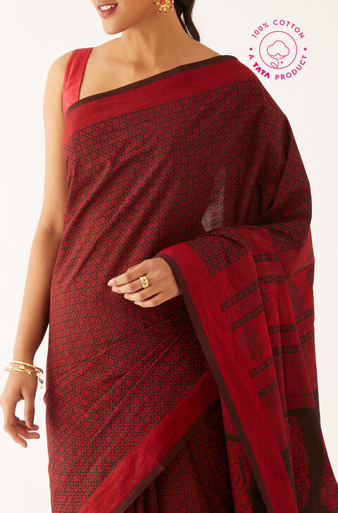 Red Pure Cotton Bagh Printed Saree