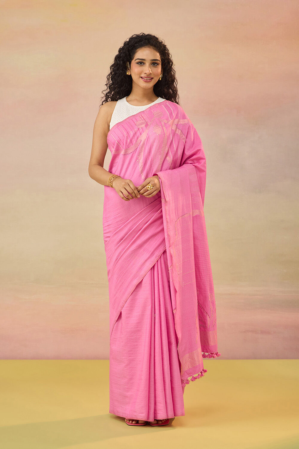 Pink Bengal Pure Tussar Cotton Jamdani Saree image number null