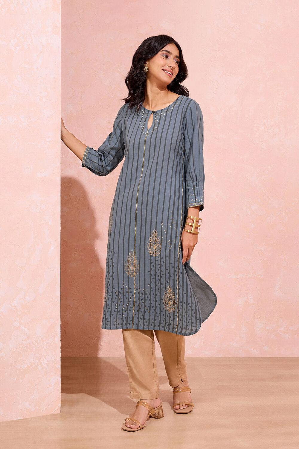 Grey Pure Cotton Printed Embroidery Kurta image number null