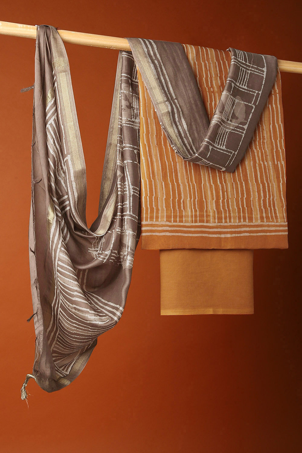 Orange Silk Cotton Block Printed Unstitched Suit Set image number null