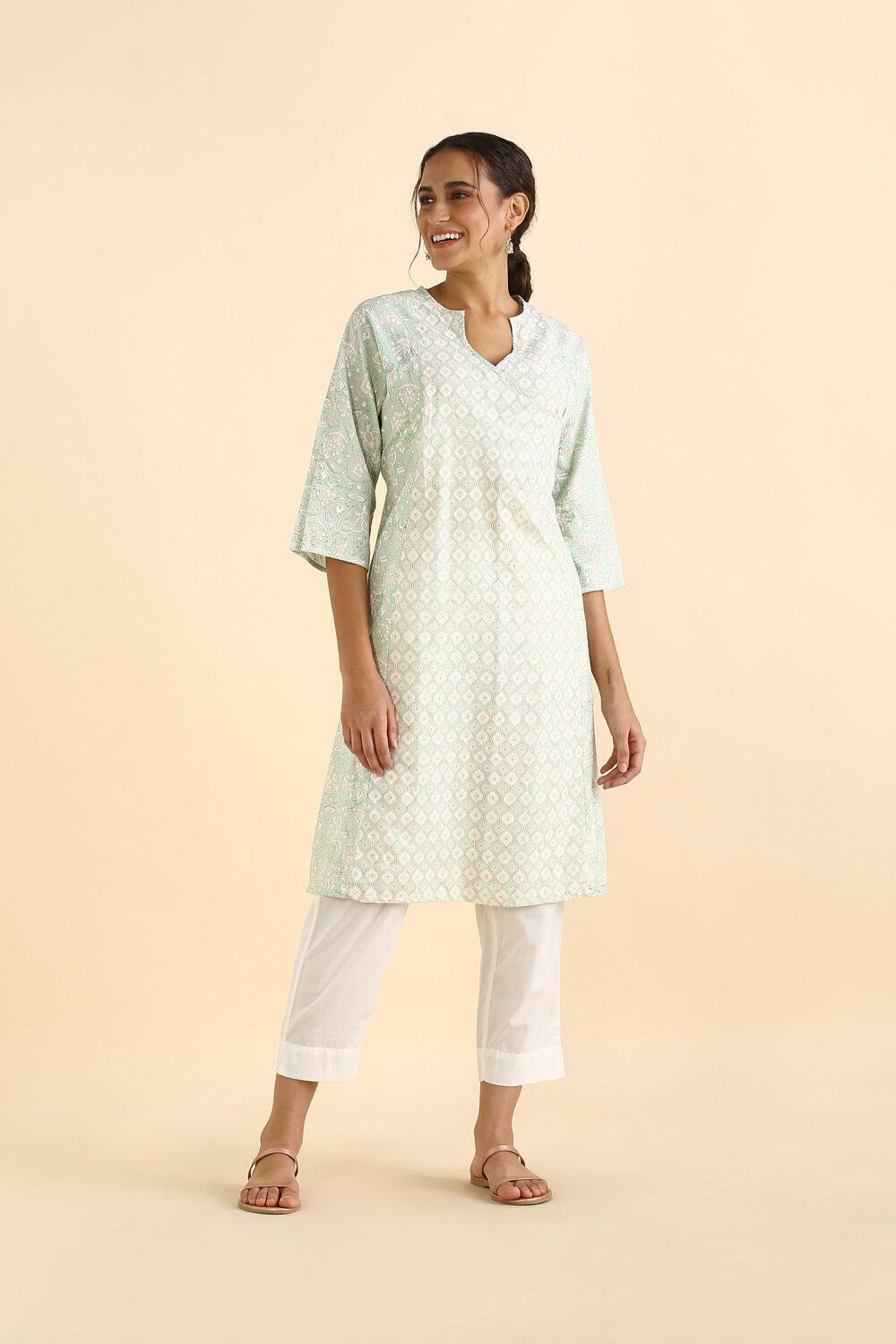 Light Green Sanganeri Block Printed Cotton Kurta image number null