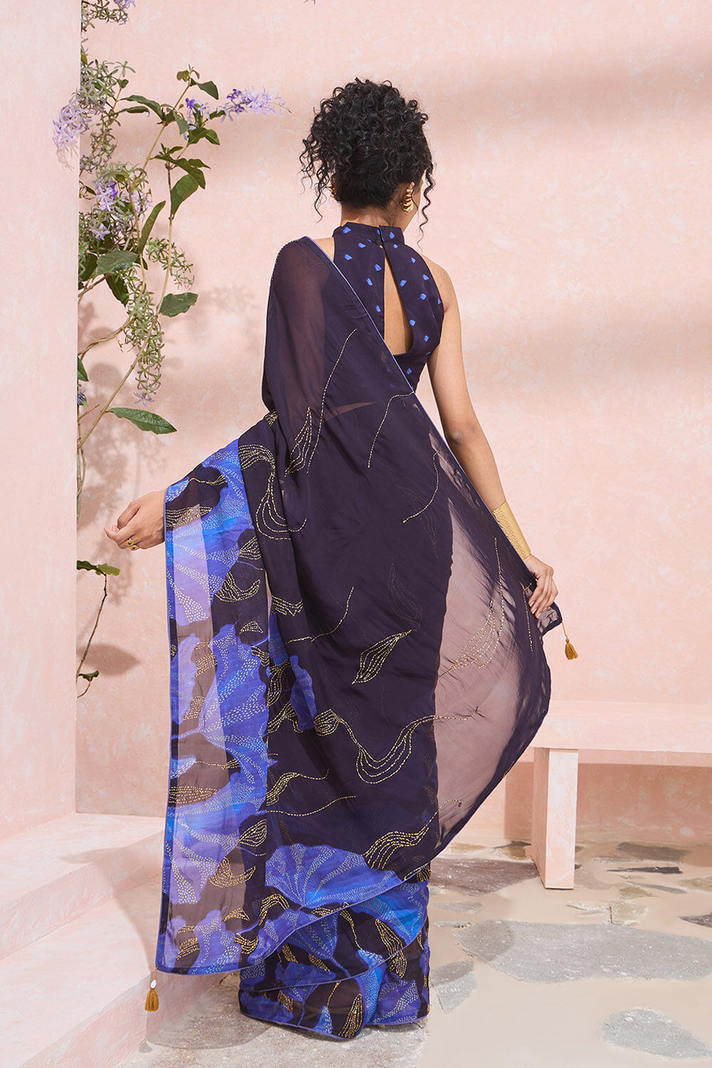 Dark Blue Printed Viscose Organza Kantha Saree image number null