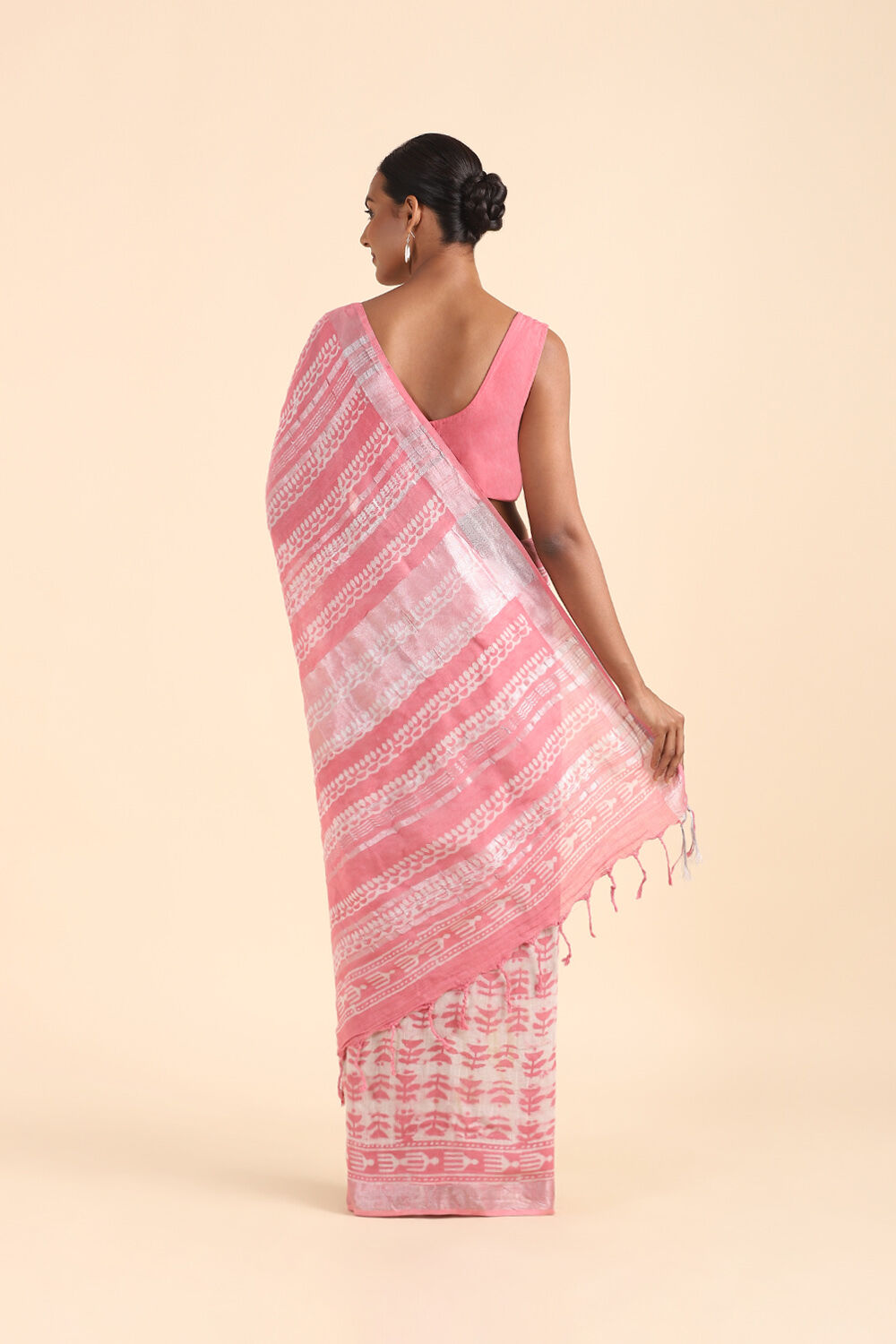 Light Pink Pure Cotton Linen Bagru Printed Saree image number null