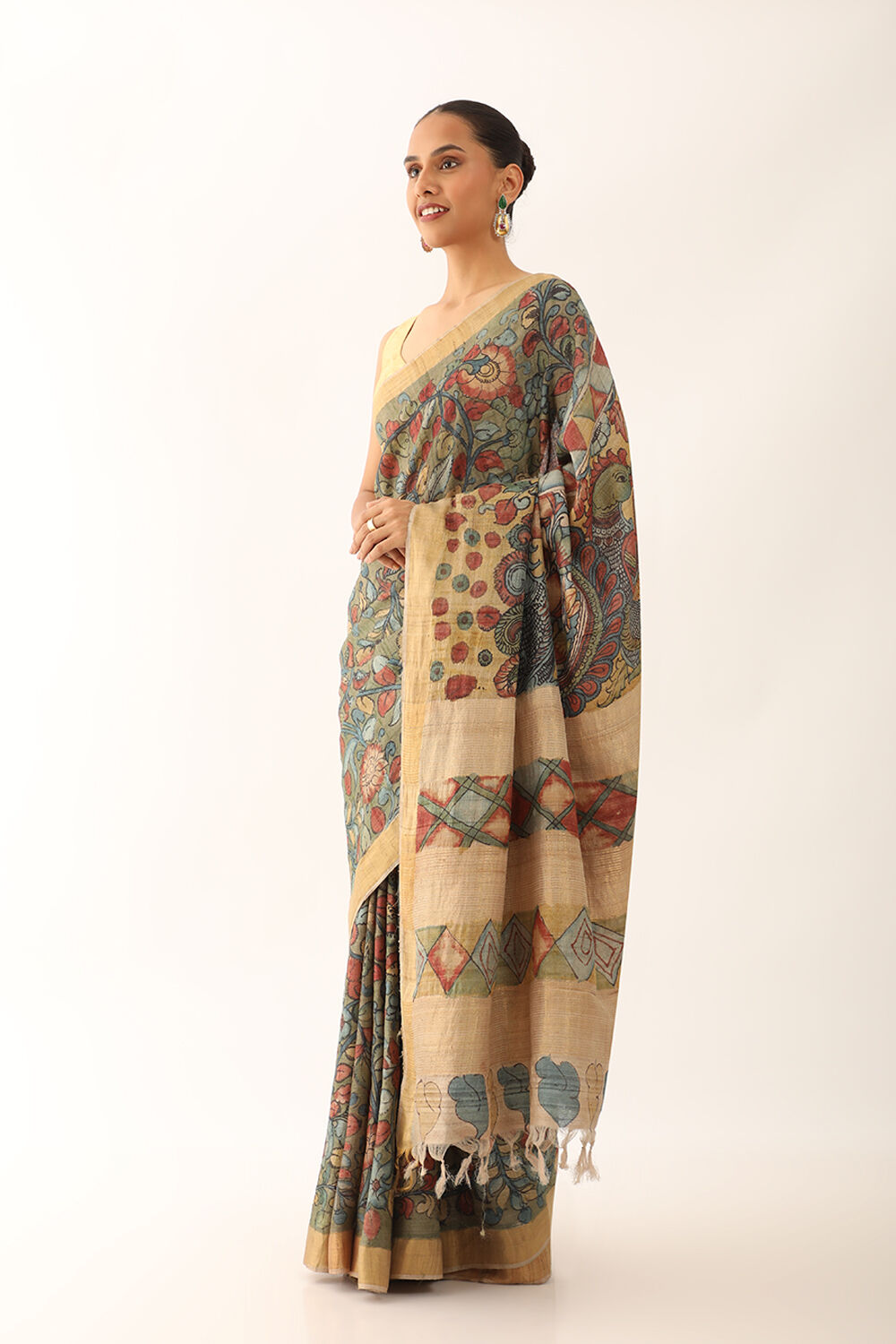 Green Srikalahasti Pure Tussar Silk Kalamkari Saree image number null