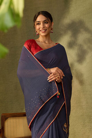 Dark Blue Pure Silk Cotton Embroidered Saree image number