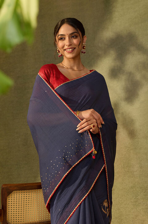 Dark Blue Pure Silk Cotton Embroidered Saree