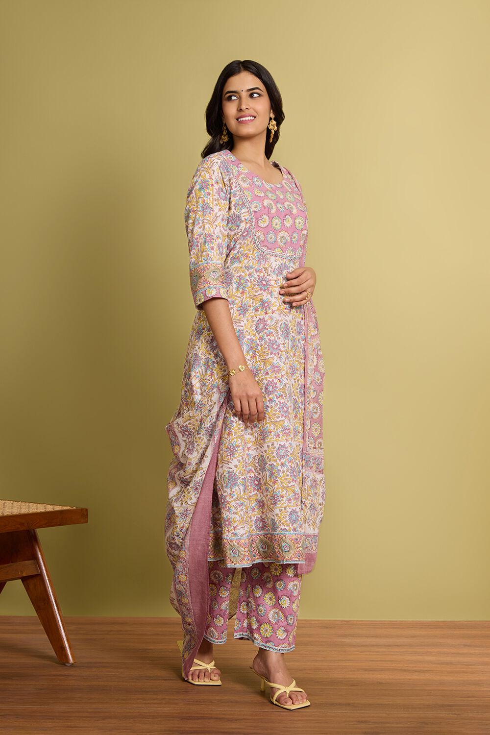 Yellow Pure Cotton Printed Sanganeri Kurta Set image number null