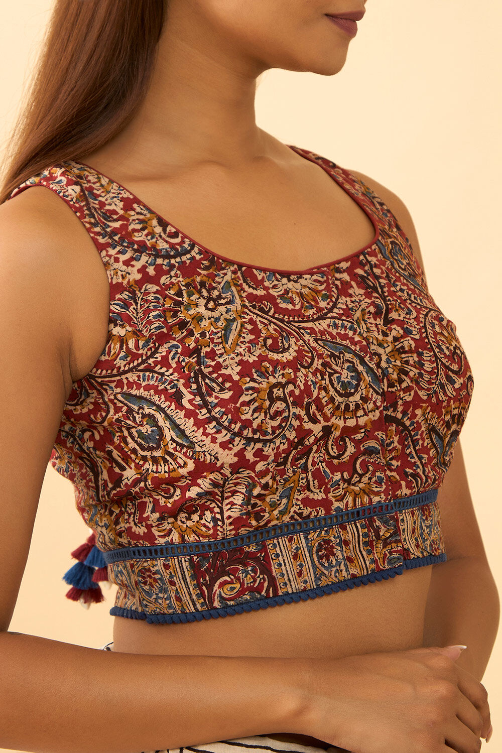 Dark Red Printed Kalamkari Pure Cotton Blouse image number null